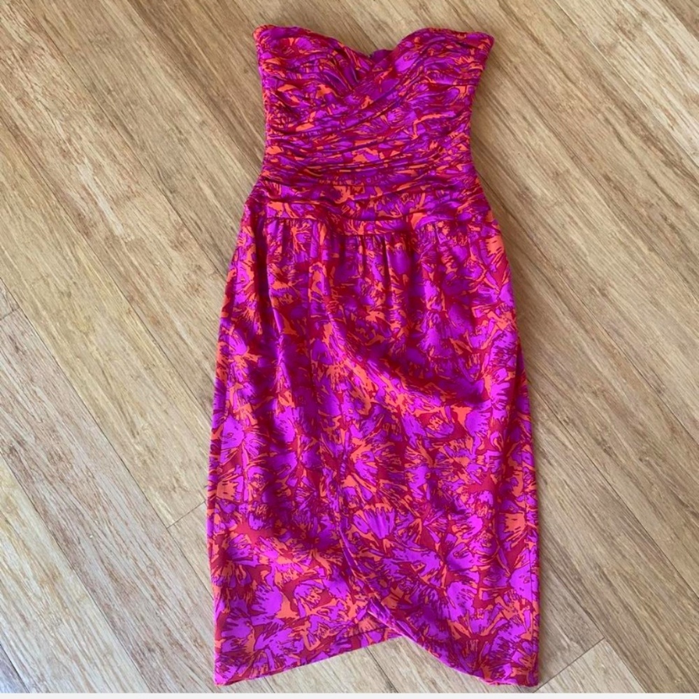 Silk Studio Strapless fuschia printed floral midi dress